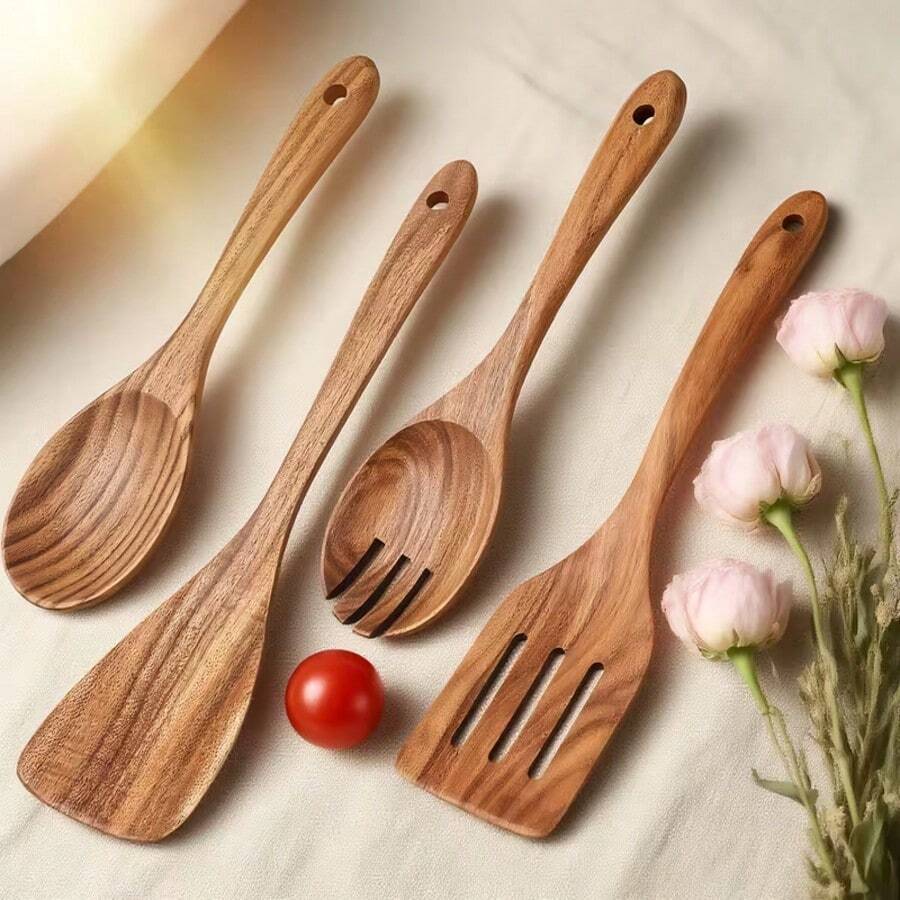 COOKDEVI Wooden Cooking Set - Natural Teak Non-Stick Cookware Specifically For Use - 4-Piece Wooden Kitchenware Set, Long Handle That Conforms To Ergonomic Design - Wood Color - View 1