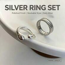 1pc Korean Niche Silver Asymmetrical Geometric Ring, Ins Popular Minimalist Style Hand Accessory, Unique 3D Cut Design With High-End Texture, Simple And Sleek Without Bulk, Stunning For Single Or Layered Wear, Open Adjustable To Fit Various Finger Sizes - Set - View 1