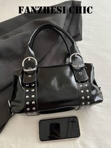 Black Shiny PU Handbag, Silver Rivet Decor D-Ring Adjustable Top Handle Small Shoulder Bag For Street Daily Outfit - Black - View 5