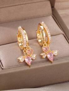 1 Pair Sweet Cool Pink Zirconia Heart Teardrop Wing Double Pendant Double Layer Earrings, Suitable For Women's Spring Date And Daily Wear - Wing - View 6
