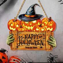 قطعة واحدة من ديكور الحائط الخشبي "Happy Halloween" بتصميم اليقطين المخيف؛ مناسب لديكور الهالوين في غرف المعيشة والنوم والحمامات، وكذلك للحفلات والإعدادات الداخلية/الخارجية. - متعدد الألوان - مشاهدة 1