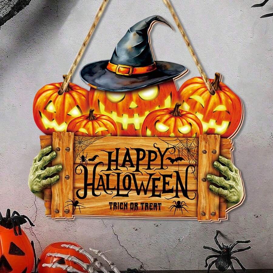 قطعة واحدة من ديكور الحائط الخشبي "Happy Halloween" بتصميم اليقطين المخيف؛ مناسب لديكور الهالوين في غرف المعيشة والنوم والحمامات، وكذلك للحفلات والإعدادات الداخلية/الخارجية. - متعدد الألوان - مشاهدة 1