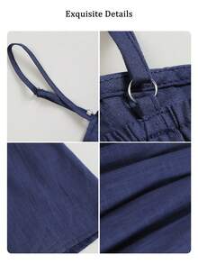 Sleeveless A-Line Pleated Dress, Navy Blue, Suitable For Casual, Holiday, Beach Wear, Spring/Summer Elegant - Navy Blue - View 7