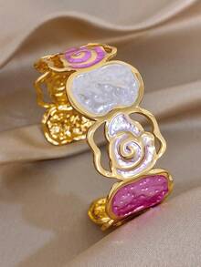 Vintage Romantic Stainless Steel Pink Irregular Floral Bangle Bracelet & Dried Flower Ring Women Jewelry Set,Daily Party Vacation Valentine's/Y2K/Boho - Multicolor - View 7