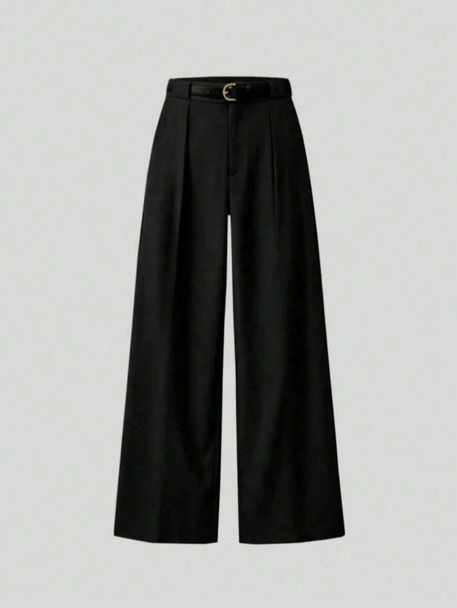 Mid-Waist Solid Color Elegant Straight Leg Pants, Black, Spring Style (Belt Not Included) - Black - View 1