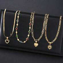 4pcs Fashion Elegant Gold Heart Colorful Rhinestone Y-Shaped Multi-Layer Necklace, Perfect Gift For Women's Vacation And Date - Yellow Gold - View 5