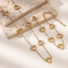 1 Set Stainless Steel Chain Heart Pendant Women's Fashion Necklace & Bracelet Jewelry Set, Gift Accessory - Multicolor a - View 2