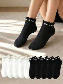 1/3/6/8/10 /12Pairs Women's Pearl-Embellished Ruffle Ankle Socks, Solid Color Casual No-Show Socks - Black and White - View 1