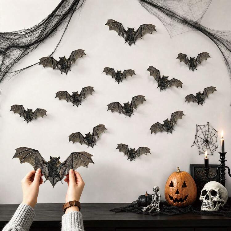 Paper bat swarm streaming across a hallway wall from a doorway