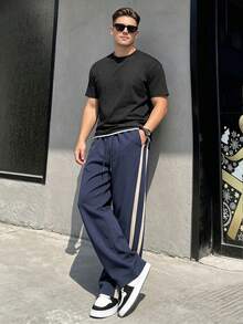 Men's Navy Casual Sweatpants,Drawstring Waist With Beige Side Stripe Design ,Versatile Straight Leg Trousers For Weekend Outings Sports Fall - Navy Blue - View 6