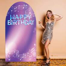 1pc Shiny Polyester KPOP Birthday Arch Backdrop,Purple Bokeh Musical Staff Happy Birthday Pattern,Backdrop,Music Notes Note,Wall Decor,Party Supplies,Room Decor,KPOP,Music,Birthday Decoration,Sparkly Concert Style Home Indoor Photo Wall Decor - A - View 1