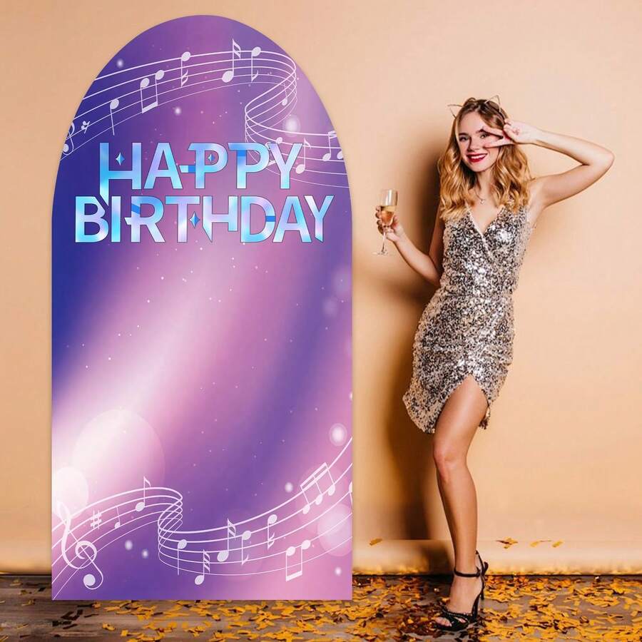 1pc Shiny Polyester KPOP Birthday Arch Backdrop,Purple Bokeh Musical Staff Happy Birthday Pattern,Backdrop,Music Notes Note,Wall Decor,Party Supplies,Room Decor,KPOP,Music,Birthday Decoration,Sparkly Concert Style Home Indoor Photo Wall Decor - A - View 1