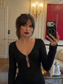 Vestido Maxi de Manga Larga con Cuello en V y Tejido Abierto - Negro - Ver 6