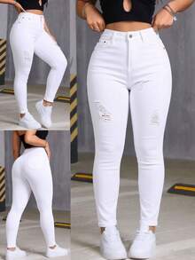 Pantalones de Mezclilla Ajustados con Elasticidad de Cintura Media con Roturas en las Rodillas para Mujer, Pantalones que Levantan las Nalgas - Blanco - Ver 1