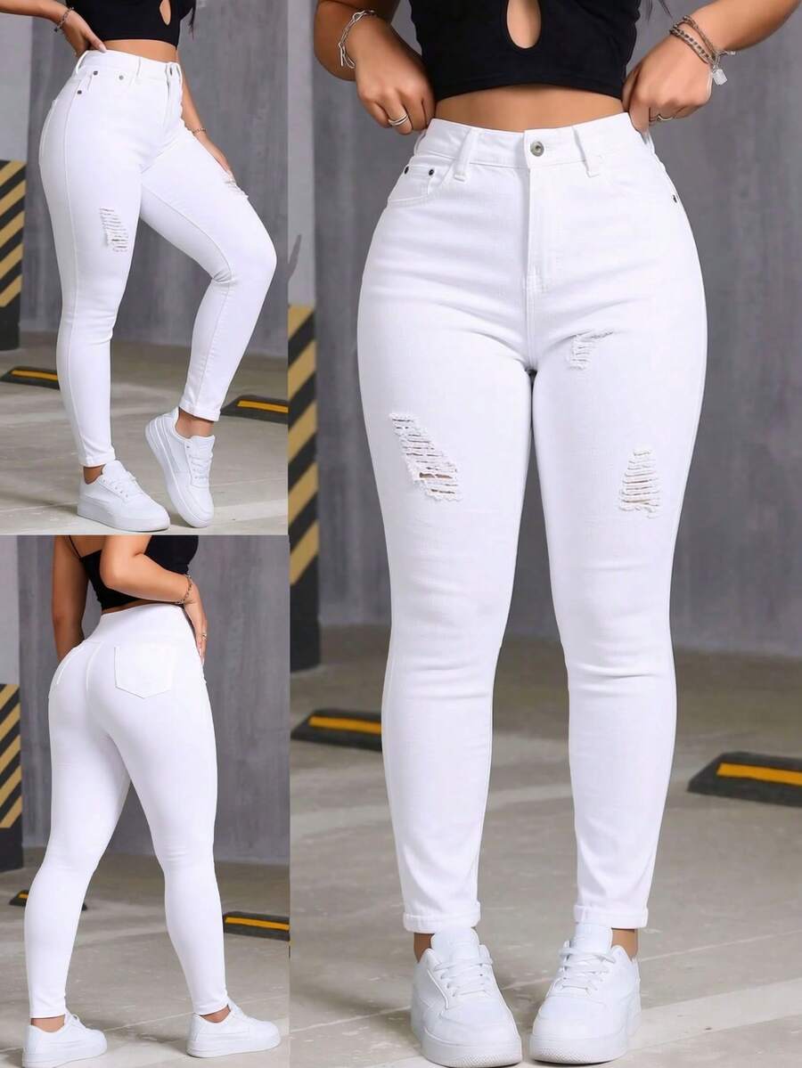 Pantalones de Mezclilla Ajustados con Elasticidad de Cintura Media con Roturas en las Rodillas para Mujer, Pantalones que Levantan las Nalgas - Blanco - Ver 1
