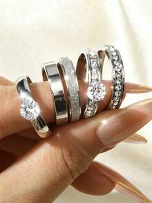 5pcs Elegant Stainless Steel Matte Square Single Row Zirconia Women's Ring Set, Suitable For Daily Wear, Dating, Confession, Engagement, Wedding, Party, Holiday Accessories - Silver - View 4