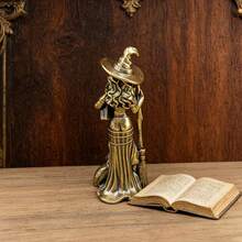 1pc Vintage Brass Witch Statue With Broom And Book, Movie Magic Theme Metal Desktop Collectible, Home Study Decor Bookshelf Ornament, Suitable For Collectors - Multicolor - View 6