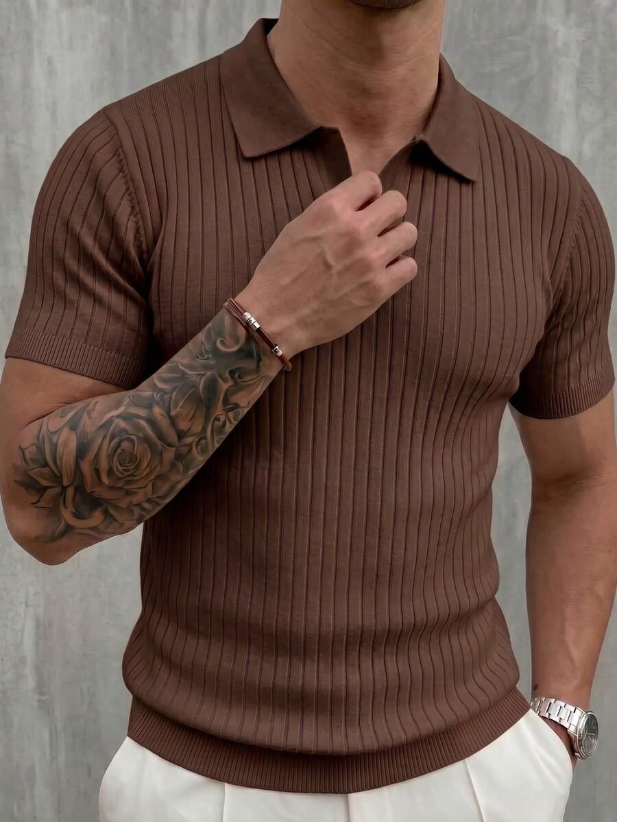 Men's Classic Ribbed Knit Polo Short Sleeve Shirt, Solid Color, Suitable For Summer Outings, Fashion Essential