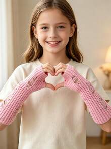1 Pair Hollow Out Distressed Knit Fingerless Gloves, Mid-Length Arm Warmers, Warm Fashion Knitted Arm Sleeves For Girl, Suitable For Cold Winter - 1Pair - View 7