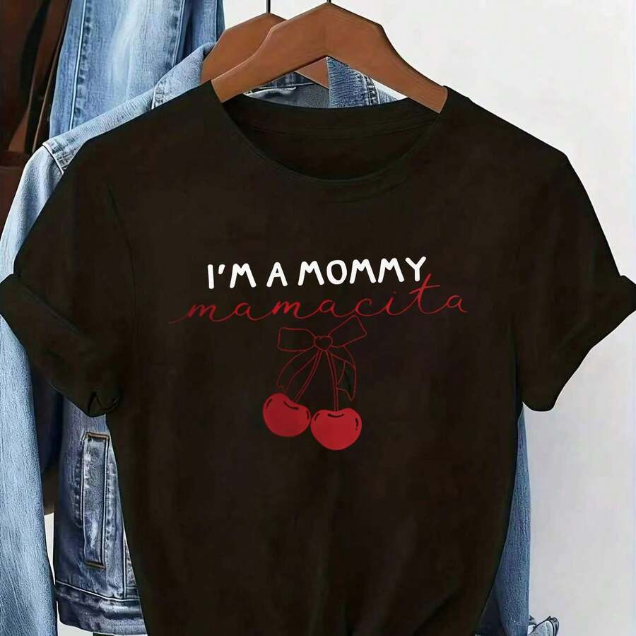 2026 Summer Casual Women's Top, Sweet And Cool Style, Cherry And Bowknot, "I M A MOMMY Mamacita" Print, Round Neck Pure Short Sleeve T-Shirt - Black - View 1