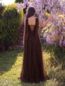 ADYCE Elegant Halter Tie Ribbon Sweetheart Neckline High Waist Pleated High Split Open Back Floor-Length Party Dress For Prom Birthday Party Evening - 咖啡棕 - 查看 2