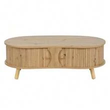 Pea-Shaped Coffee Table With Grooved Design, 2 Sliding Doors, Living Room Table, Wood Look, Solid Wood Legs, MDF Material - Natural Color - View 7