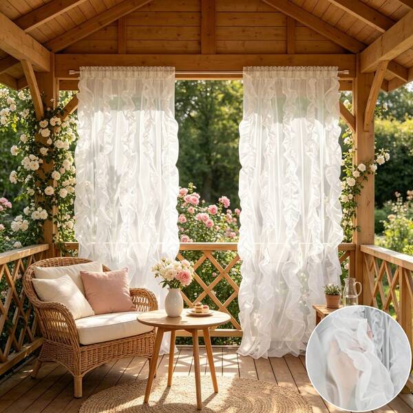 FLYINGCURTAINS 2pcs White Ruffle Sheer Outdoor Curtains, Rod Pocket Blackout Curtains, Suitable For Gazebo, Patio, Garden, Yard, Warm Housewarming Gift