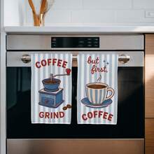 2PCS Blue Striped Coffee Healing Theme Printed Kitchen Towels, 40*60cm Rectangular Microfiber Dish Cloths, Tablecloths, Hand Towels, Kitchen Decor, Home Decor, Housewarming Gift For Neighbors, Perfect For Kitchen And Bathroom Use, Suitable For Housewives And Family Gatherings, High Cost-Performance, Home Essential - Royal Blue - View 5