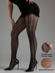 1pc 120g Women's Double-Layer Thermal Lined Vertical Striped Lace Mesh Tights, Autumn/Winter Thickened Warm Sheer Pantyhose, Faux-Skin Warm Leggings, Vertical Geometric Lace Sheer Thickened Pantyhose, Halloween/Christmas Outfit, Suitable For 15-25°C - Black - View 3