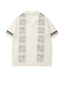 Men's Unisex POLO Collar Knit Sweater, Daily Commute Casual Versatile Colorblock High-End Four-Grid Minimalist Loose Short Sleeve V-Neck POLO Collar Knit Top, Spring/Summer - Apricot - View 4