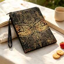 Balo in họa tiết Mandala chuồn chuồn màu vàng phong cách vintage - Túi đựng có khóa kéo cầm tay kèm dây đeo cổ tay - A - Xem 2