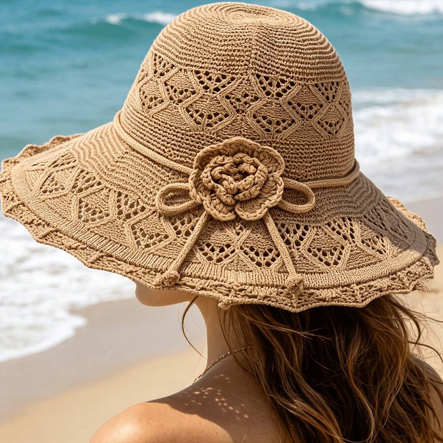 1pc Elegant Women's Floral Crochet Decor Straw Bucket Hat - Breathable, Sun Protection, Multi-Functional Summer Beach Hat, Beach Essential - Multicolor - View 1