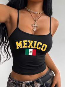 Slim Fit Cropped Spaghetti Strap Printed Tank Top, Tight-Fitting Sleeveless Crop Top Casual Summer Black - Black - View 1