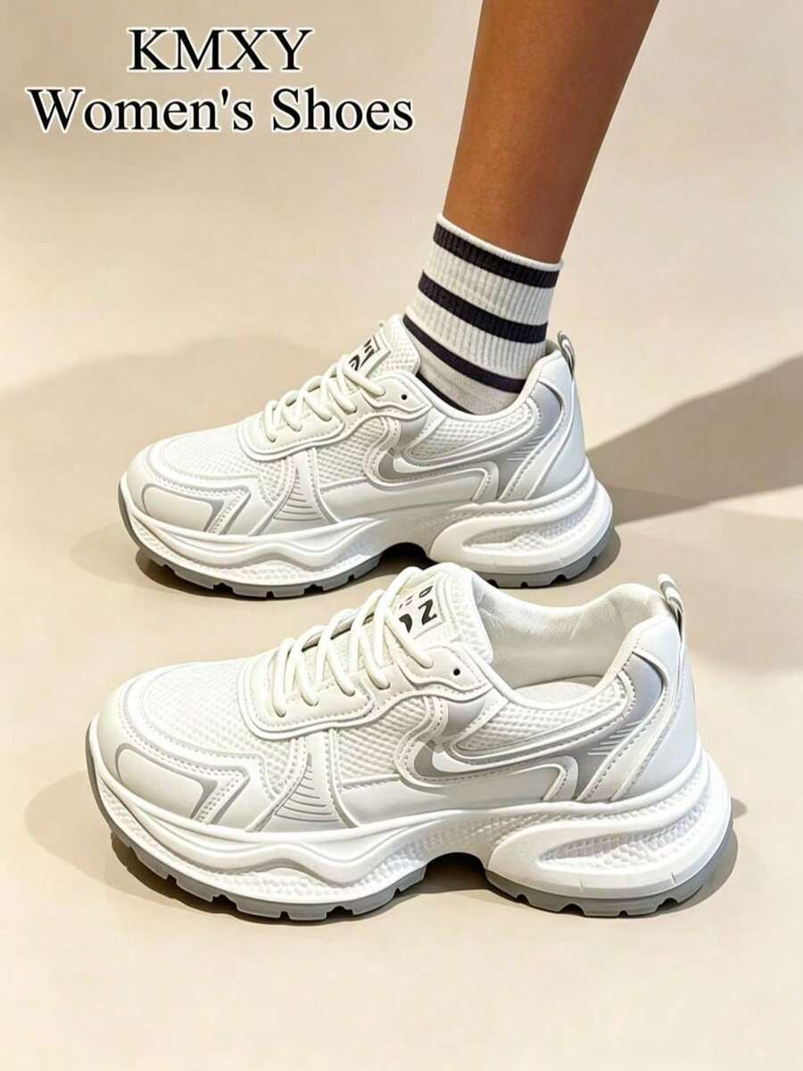 女款厚底增高運動鞋,春秋款,INS風,顯瘦,防滑,輕量,透氣網布休閒跑步鞋 - 白色 - 查看 1