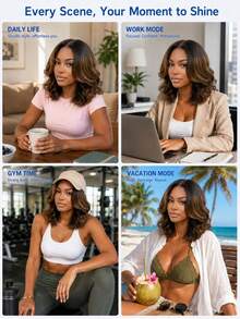 UNice 7x5 Bye Bye Slip™ Lace Brown Gradient Highlighted Big Wave Bob Wig, Invisible Drawstring, Fits All Head Sizes, 150% Density, Pre-Plucked Hairline, Pre-Trimmed, Bleached Knots, Ready To Wear, Suitable For Women Beginners, Quick Wear In Summer - SNatural/2/30 - View 6