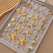 5 pares de pendientes con diseño de concha de caracol dorada & estrella de mar, conjunto de pendientes de concha, estilo aleatorio, sin caja - Amarillo Oro - Ver 2