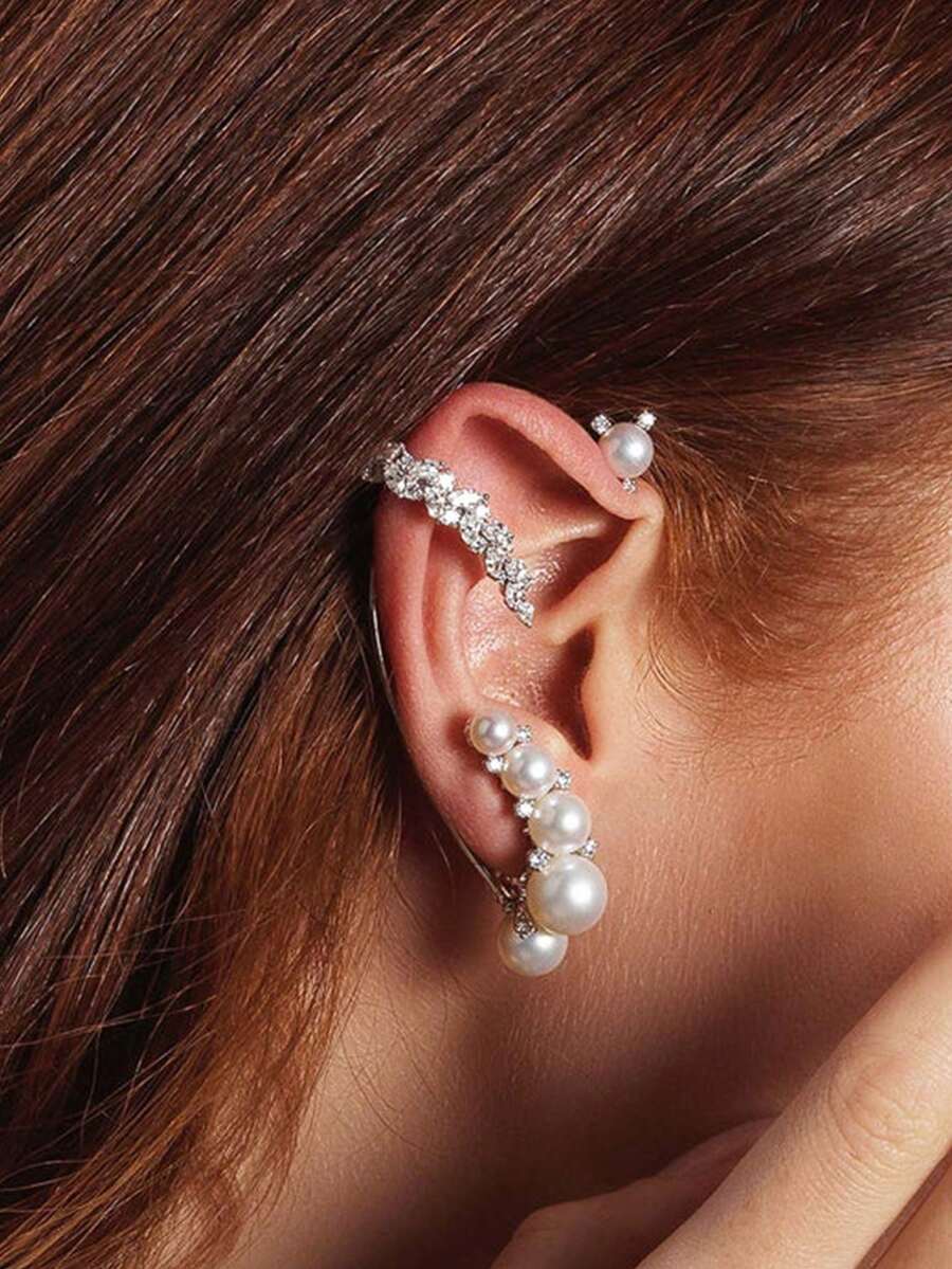 1 par de nuevos ganchos de oreja con perlas geométricas, clips de oreja integrados sin perforación, accesorio elegante - Plateado - Ver 1