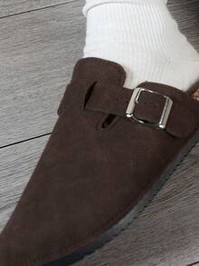 Vintage Women's Closed-Toe Slippers With Adjustable Metal Buckle, Soft Cork Sole Slip-On Mule Shoes For Multi-Season Outdoor Wear - Dark Brown Fleece Lining - View 7