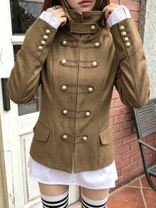 Napoleon Style Stand Collar Blazer, Slim Fit Jacket With Gold Decorative Buttons - Brown - View 4