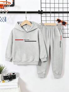 Streetwear Versatile Daily Minimalist Printed Loose Long Sleeve Hoodie + Sweatpants Set, Suitable For Spring, Autumn, Winter, Boys - Light Grey - View 2
