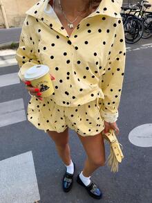 Women's Polka Dot 2 Pieces Set Shirt, Summer Vacation Outfit Yellow Elegant - Yellow - View 3