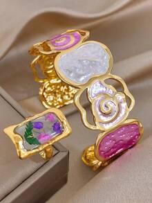 Vintage Romantic Stainless Steel Pink Irregular Floral Bangle Bracelet & Dried Flower Ring Women Jewelry Set,Daily Party Vacation Valentine's/Y2K/Boho - Multicolor - View 1