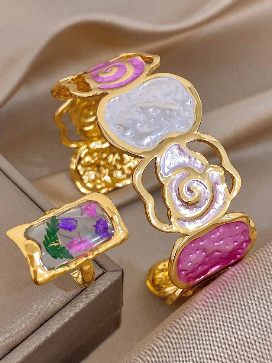 Vintage Romantic Stainless Steel Pink Irregular Floral Bangle Bracelet & Dried Flower Ring Women Jewelry Set,Daily Party Vacation Valentine's/Y2K/Boho - Multicolor - View 1