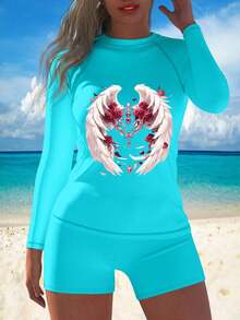 Women Funny Tight Fitting Sports Beach Surfing Long Sleeve Rash Guard Swimsuit 2 Piece Set Cute Swimwear With Boyshorts Sun Protection, Diving - Mint Blue - View 4