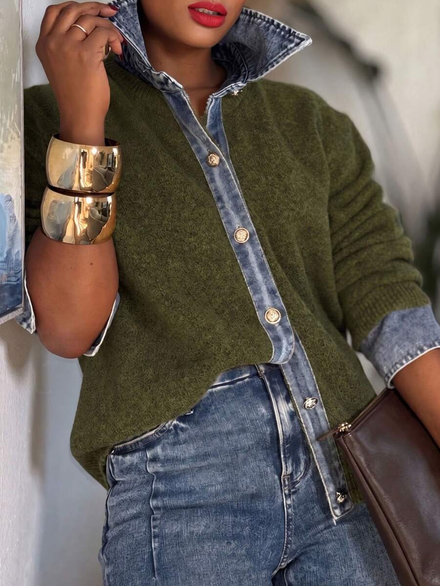 Women's  Knit Denim Panel Collared Cardigan: Long Sleeve Button Front - Ideal For Daily, Commute, Outings & Women's New Year Outfits