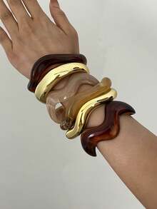 6/3/1pc Vintage Minimalist Women's Wave-Shaped Acrylic And Resin Open Ring Bangle Set, Suitable For Daily Wear, Stackable, Perfect Holiday Gift Choice - Multicolor - View 3