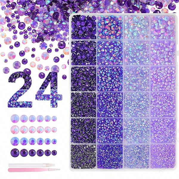24-Grid Purple AB Color Jelly Resin Rhinestone Multi-Size Set With Tweezers + Dotting Pen, Sparkling Gemstones For Handmade DIY, Suitable For Clothing Decoration, Cup & Mug Decoration, Phone Case DIY