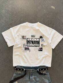 Men's Summer Short Letter & Hollow Print Crew Neck Short Sleeve Loose Fit T-Shirt - White - View 1