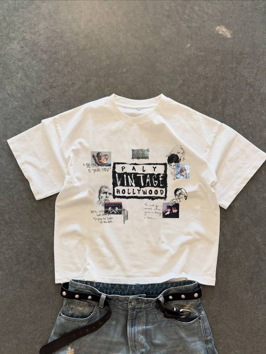 Men's Summer Short Letter & Hollow Print Crew Neck Short Sleeve Loose Fit T-Shirt - White - View 1