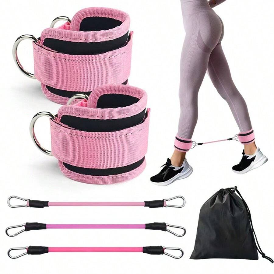 Sports Ankle Support Set 1 Pair Ankle Support Band + 3 Elastic Resistance Bands, With Portable Storage Bag, Adjustable Drawstring Ankle Sleeve, Suitable For Leg And Hip Home Fitness Workout - Pink and Black Glossy Set, Gradient Pink Pound Resistance Ring - View 1